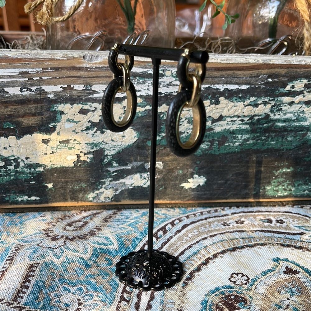 Black Gold Earrings Oval Hoop Dangle Bone Antler Look Boho Pierced